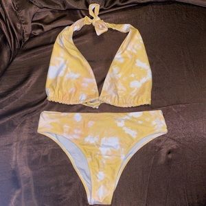 yellow and white tie dye bikini set